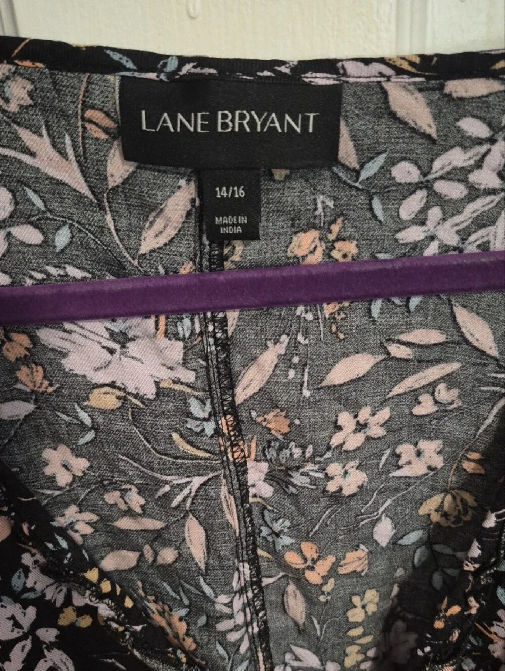 Lane Bryant Black Floral Wrap Blouse with Pink and Tan Accents